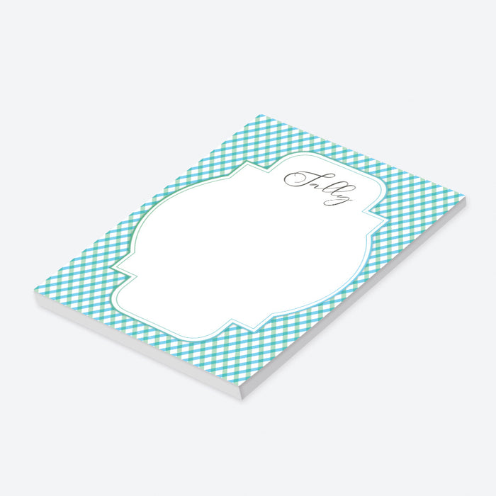 Personalized baby shower notepad with green blue gingham border and custom name-side