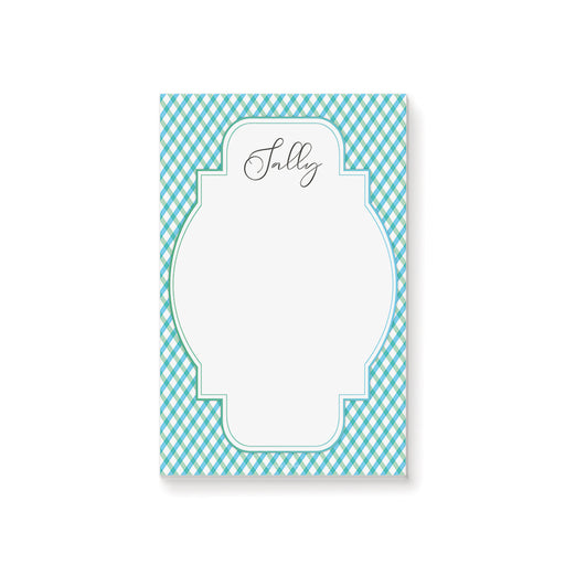 Personalized baby shower notepad with green blue gingham border and custom name
