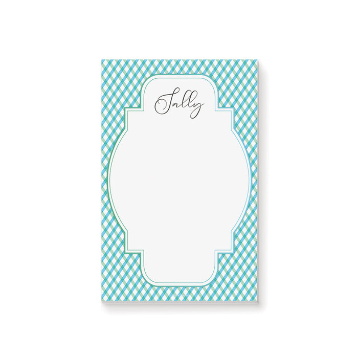 Personalized baby shower notepad with green blue gingham border and custom name