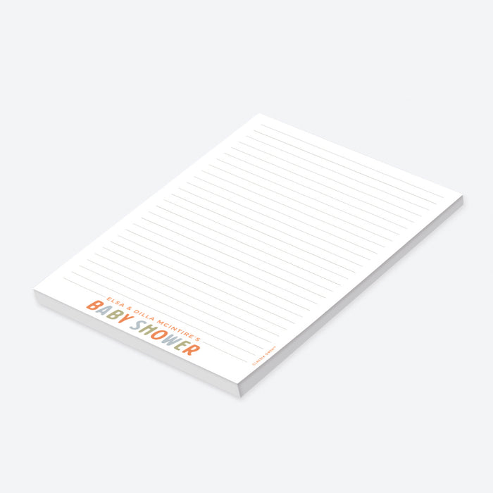 Personalized notepad with colorful typography, a stylish touch for any baby shower celebration.-side