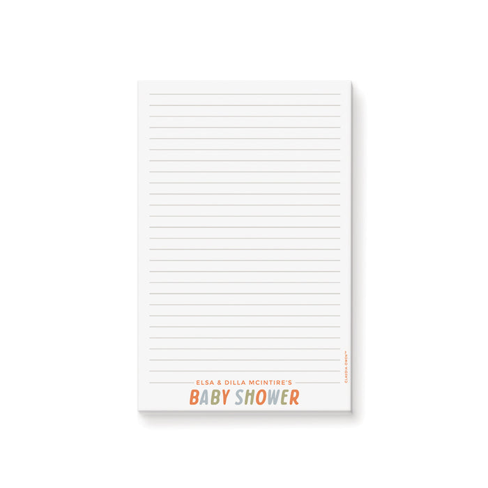 Personalized notepad with colorful typography, a stylish touch for any baby shower celebration.