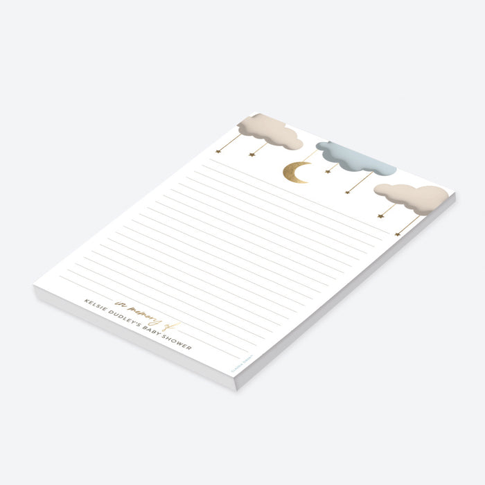 Personalized baby shower notepad featuring a moon, stars, and clouds illustration-side