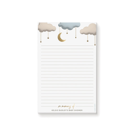 Personalized baby shower notepad featuring a moon, stars, and clouds illustration