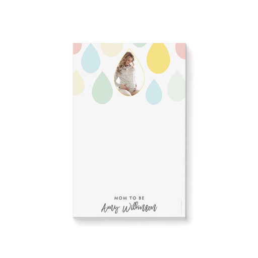 Personalized notepad with a mom-to-be picture and colorful raindrops, perfect as a new mom stationery gift for guests.