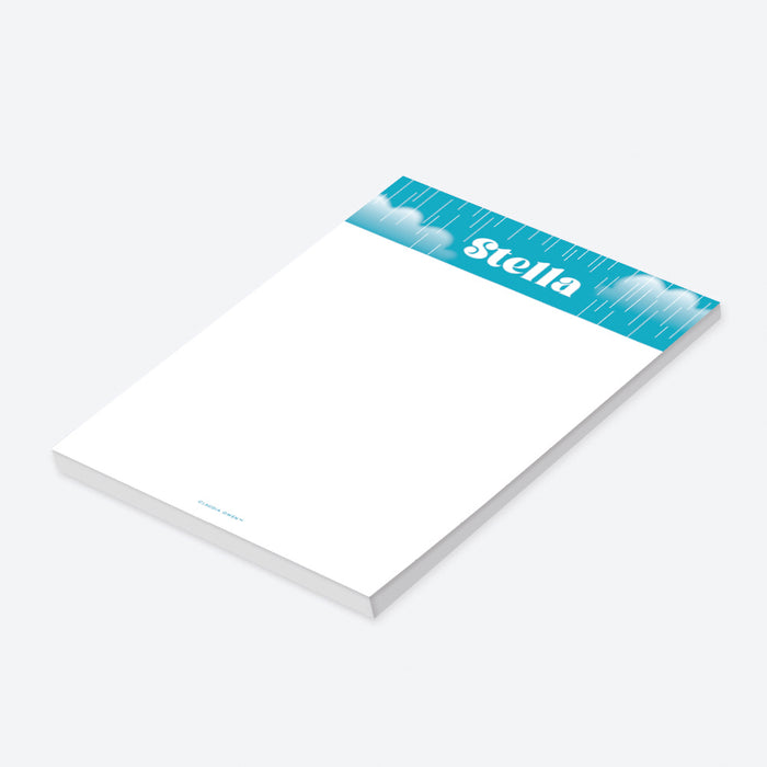 Personalized baby shower notepad with blue and white rain cloud and raindrop design-side