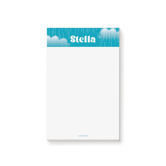 Personalized baby shower notepad with blue and white rain cloud and raindrop design