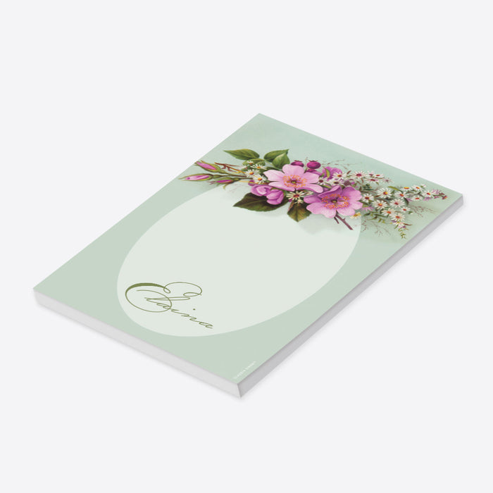 Personalized floral notepad featuring a sage green background with pink and white blossoms, perfect for baby showers or everyday note-taking.-side