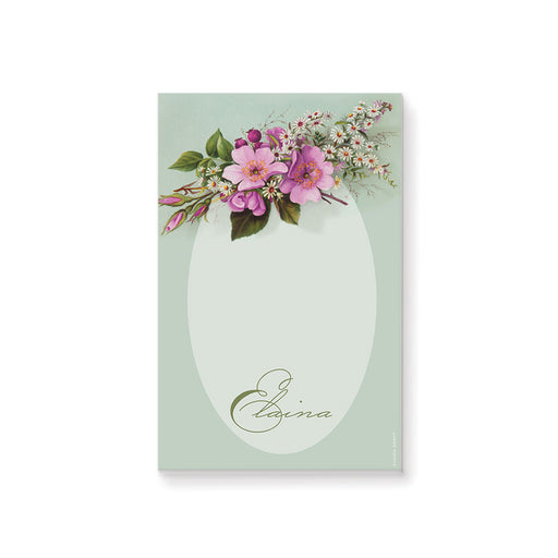 Personalized floral notepad featuring a sage green background with pink and white blossoms, perfect for baby showers or everyday note-taking.