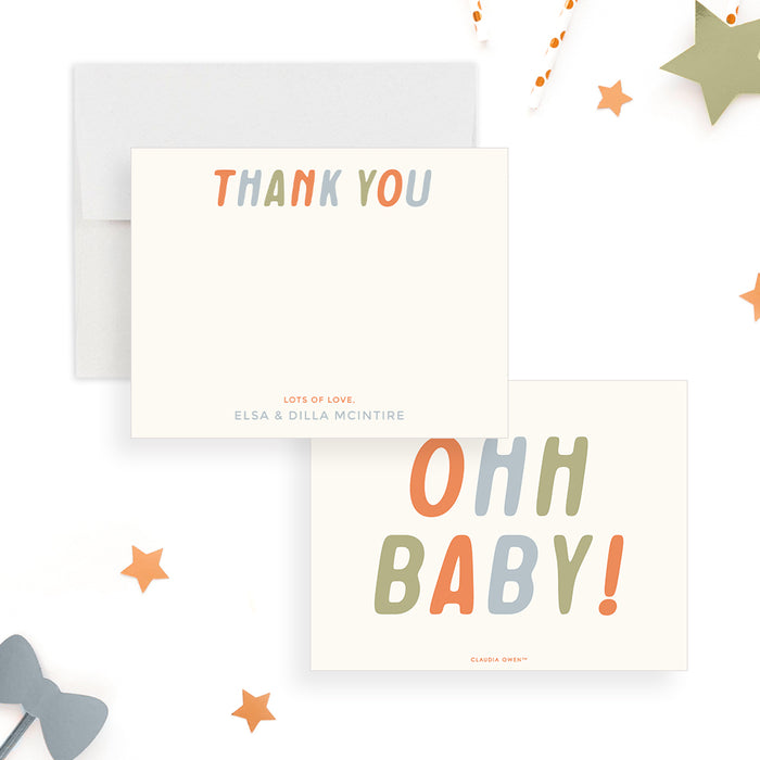 Pastel baby shower thank you card with colorful typography, customizable for the parent-to-be to thank friends and family.-front-back
