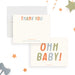 Pastel baby shower thank you card with colorful typography, customizable for the parent-to-be to thank friends and family.-front-back