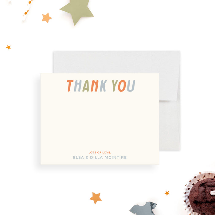 Pastel baby shower thank you card with colorful typography, customizable for the parent-to-be to thank friends and family.-front