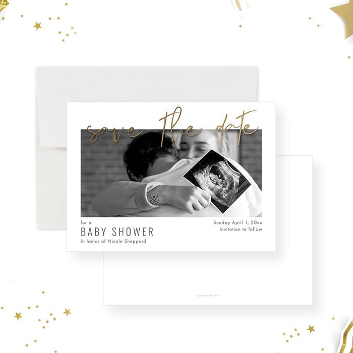 Personalized baby shower photo save the date card with elegant gold script-front-back