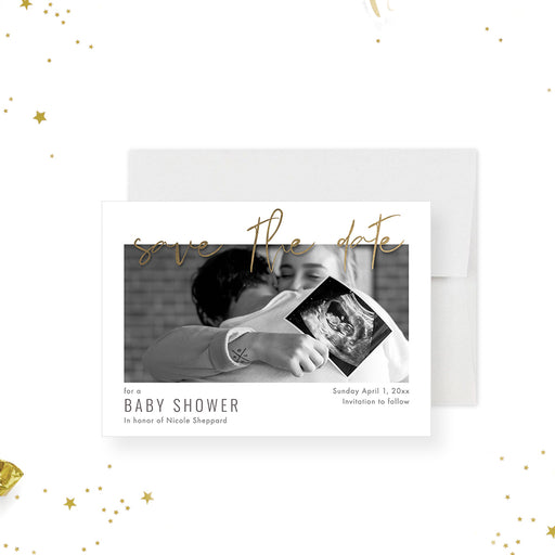 Personalized baby shower photo save the date card with elegant gold script-front