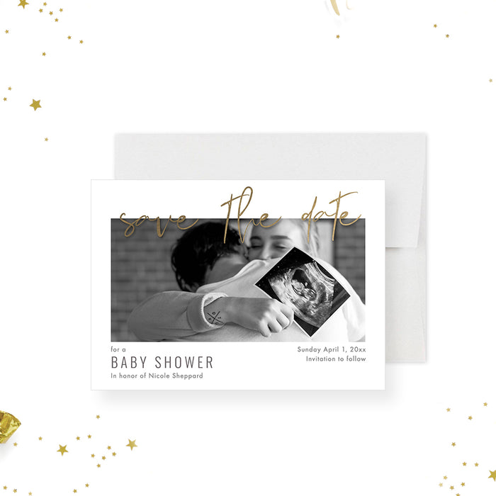 Personalized baby shower photo save the date card with elegant gold script-front