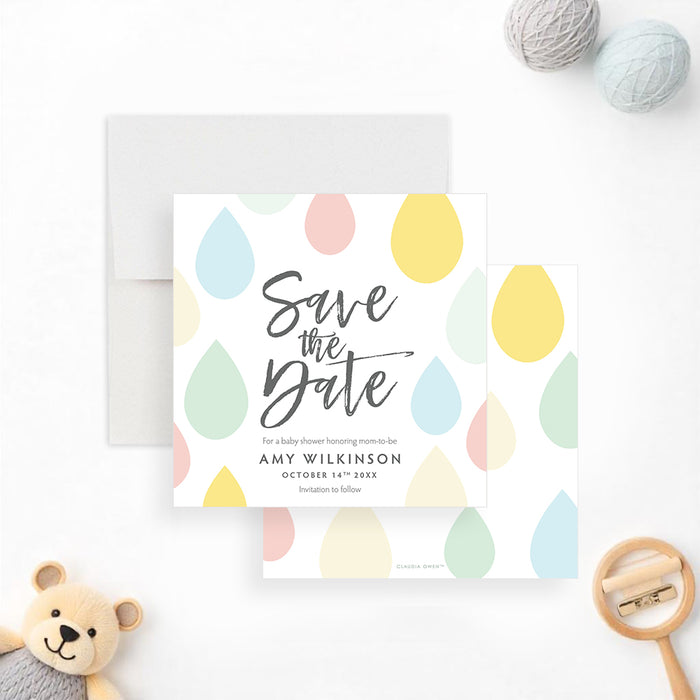 Baby shower save the date card featuring a colorful raindrop design, ideal for gender-neutral mom-to-be celebrations.-front-back