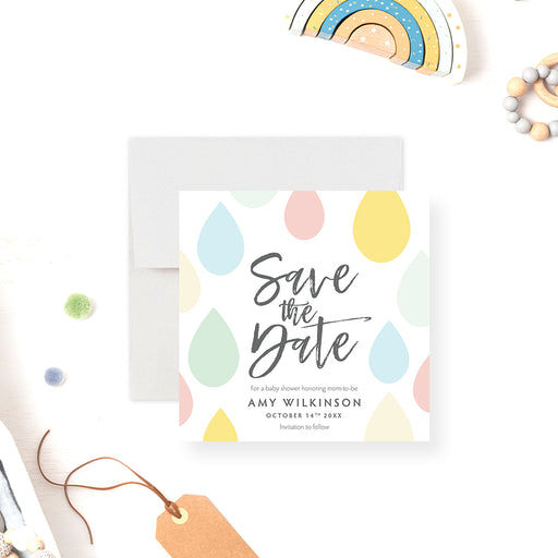 Baby shower save the date card featuring a colorful raindrop design, ideal for gender-neutral mom-to-be celebrations.-front