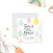 Baby shower save the date card featuring a colorful raindrop design, ideal for gender-neutral mom-to-be celebrations.-front