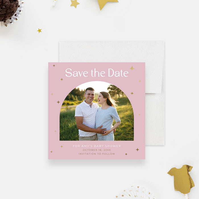 Pink Save the Date Card for Baby Shower Celebration, Maternity Shower Save the Dates with Pregnancy Photo