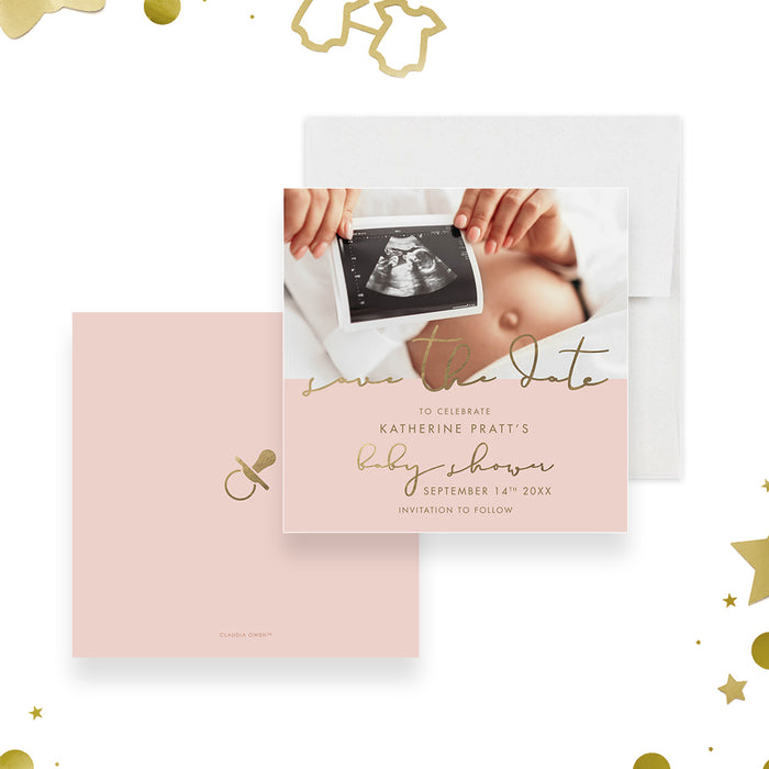 Personalized Baby Shower Invitations with Maternity Photo, Baby Shower Invitations with Pregnancy Photo in Pink and Gold