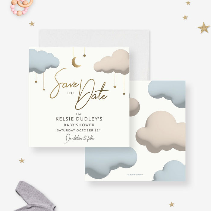 Baby shower save the date card with a crescent moon, twinkling stars, and fluffy clouds-front-back
