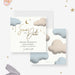 Baby shower save the date card with a crescent moon, twinkling stars, and fluffy clouds-front-back