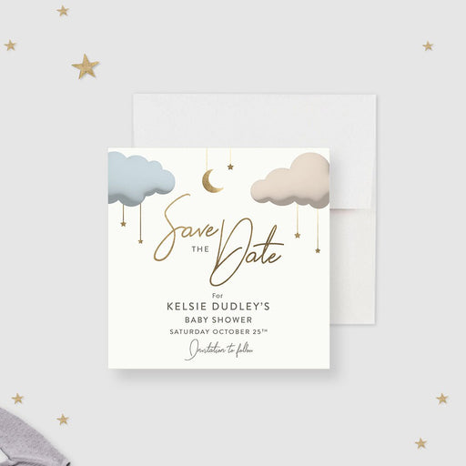 Baby shower save the date card with a crescent moon, twinkling stars, and fluffy clouds-front