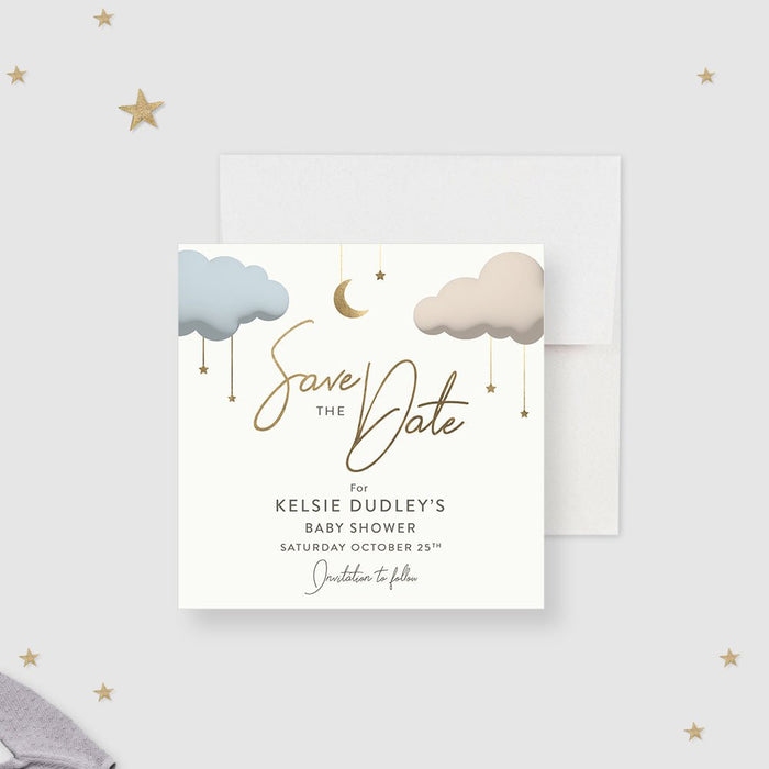 Baby shower save the date card with a crescent moon, twinkling stars, and fluffy clouds-front