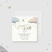 Baby shower save the date card with a crescent moon, twinkling stars, and fluffy clouds-front
