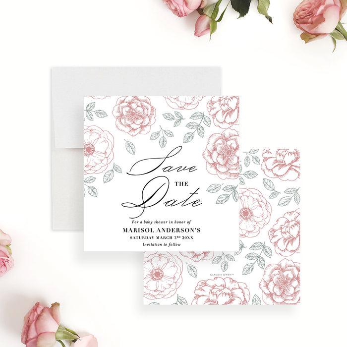 Baby shower save the date card with pink floral illustration-front-back