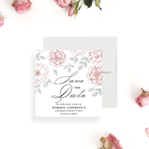 Baby shower save the date card with pink floral illustration-front