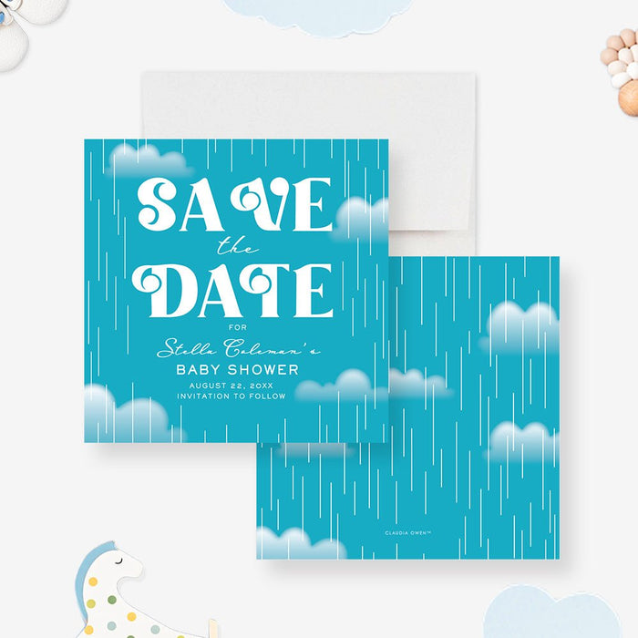 Baby shower save the date card with clouds and raindrops design-front-back