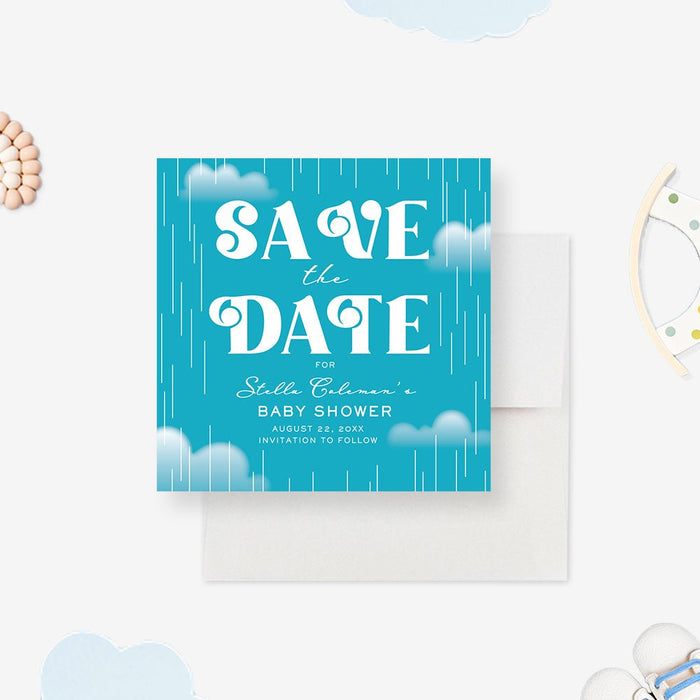 Baby shower save the date card with clouds and raindrops design-front