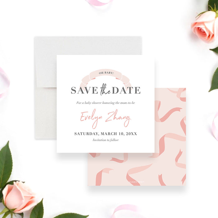 Pink baby shower save the date card with ribbon design.-front-back