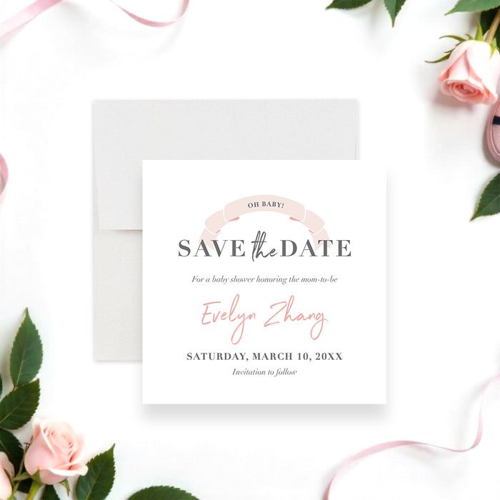Pink baby shower save the date card with ribbon design.-front