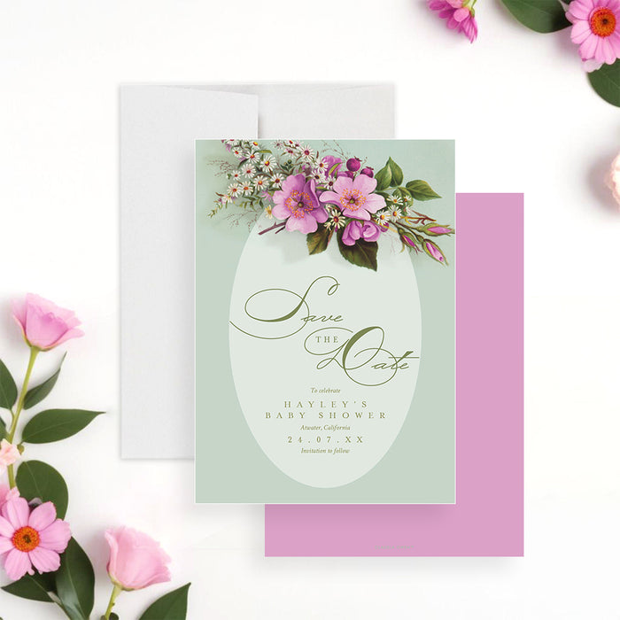 Floral save the date card featuring pink and white blossoms on a sage green background, customizable with baby shower details.-front-back