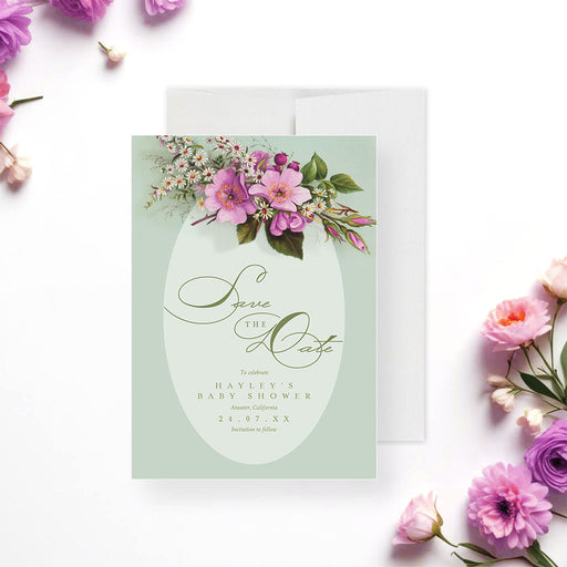 Floral save the date card featuring pink and white blossoms on a sage green background, customizable with baby shower details.-front