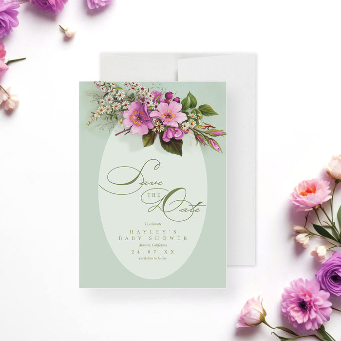 Floral save the date card featuring pink and white blossoms on a sage green background, customizable with baby shower details.-front