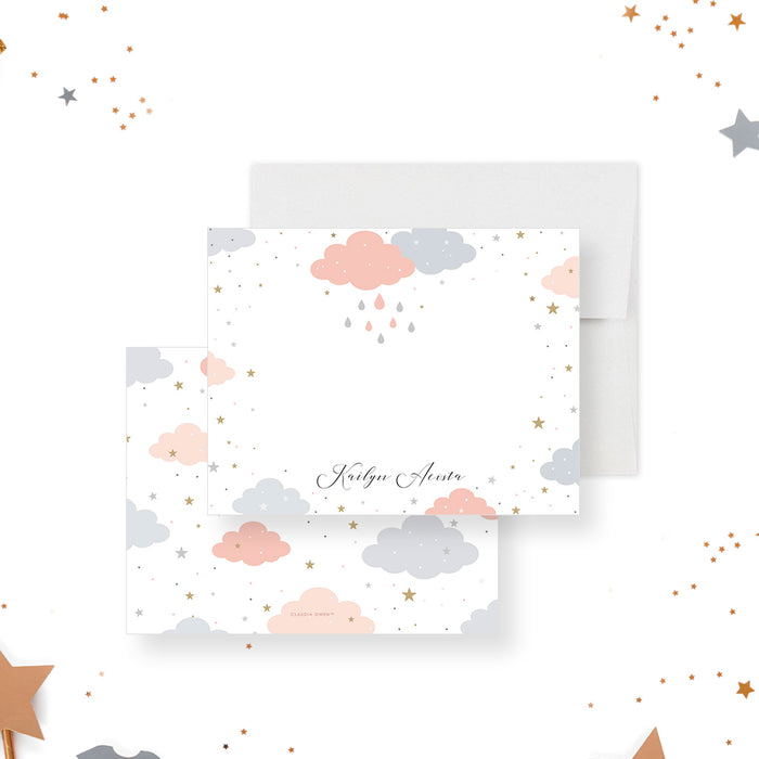 baby shower thank you card with pastel clouds, raindrops, and gold star accents-front-back