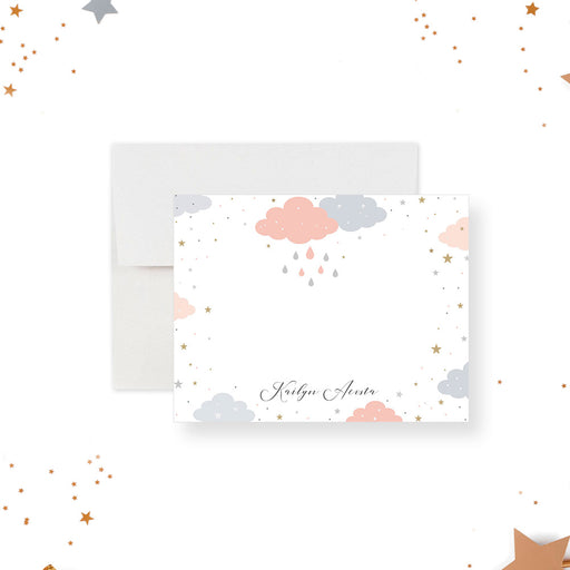 baby shower thank you card with pastel clouds, raindrops, and gold star accents-front