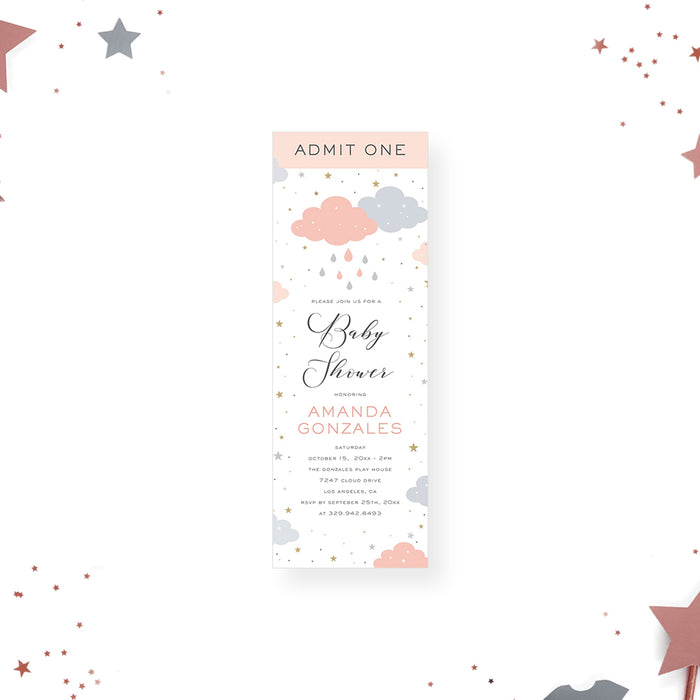 baby shower ticket invitation with pastel clouds, raindrops, and star accents