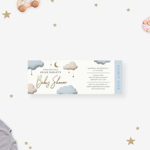Baby shower ticket invitation with a crescent moon, twinkling stars, and fluffy clouds