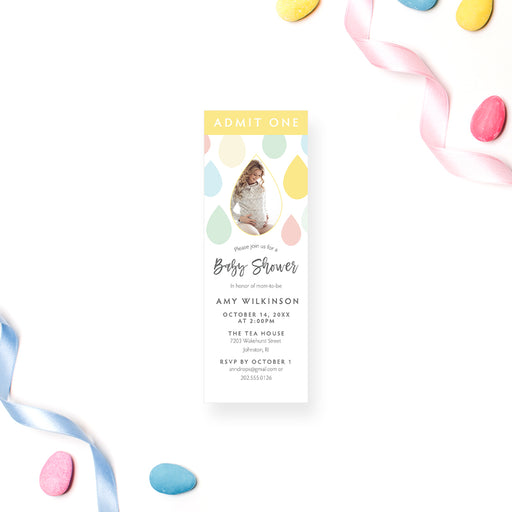 Baby shower ticket invitation with a photo of the new mom and colorful raindrops, perfect for celebrating the mom-to-be.