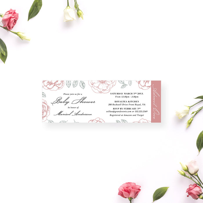 Floral ticket-style baby shower invitation with pink flower illustrations