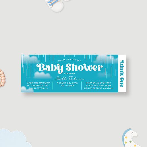 Ticket-style baby shower invitation with white rain clouds and raindrops on a blue background