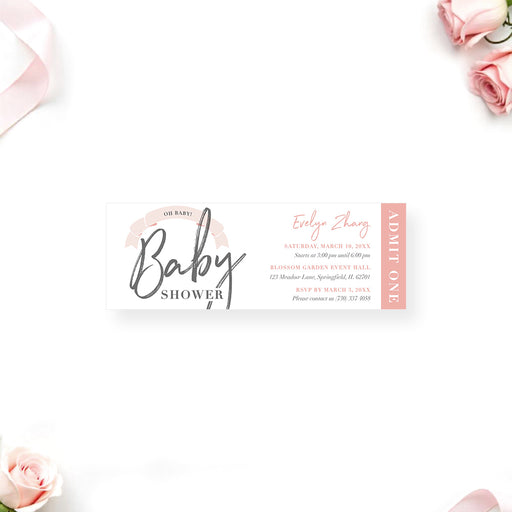 Ticket-style blush pink baby shower invitation with ribbon banner, personalized admit one invite for mom-to-be celebration.