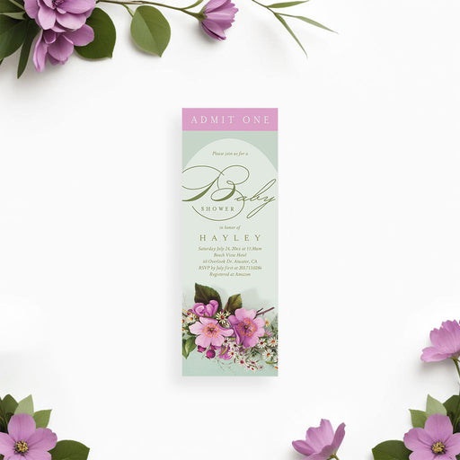 Floral ticket invitation featuring a pastel green background, pink and white flowers, customizable for baby showers, bridal showers, birthdays, or spring events.