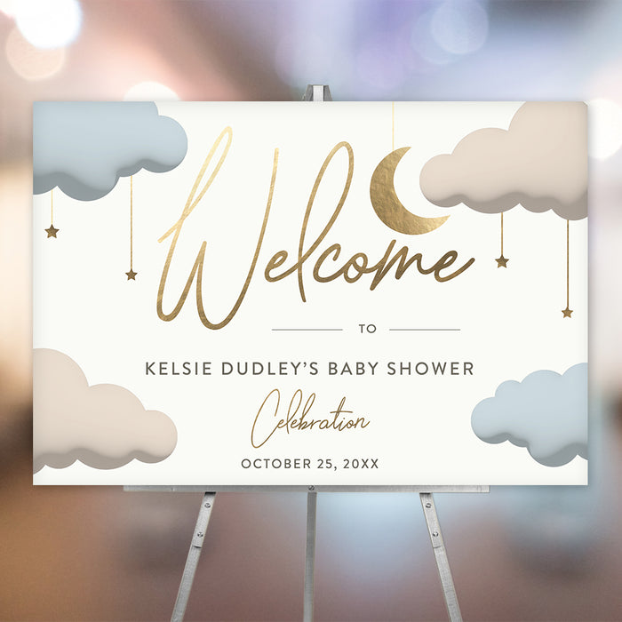 Baby shower welcome sign with crescent moon, stars, and clouds illustrations