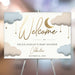 Baby shower welcome sign with crescent moon, stars, and clouds illustrations