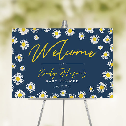 Custom baby shower welcome sign featuring cheerful white daisies against a navy background, ideal for spring and summer party entrances.