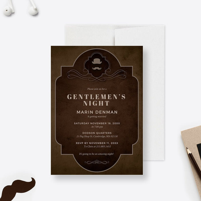 Bachelor party invitation with gentleman’s night theme, masculine vintage design with mustache and top hat illustration.